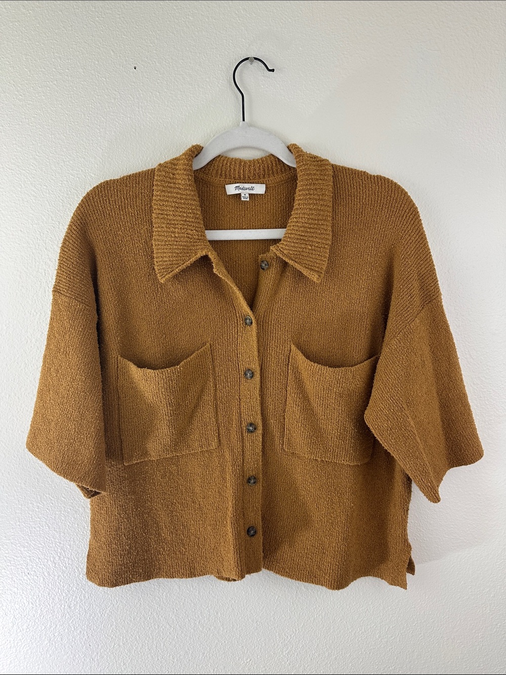 Madewell brown mustard sweater cardigan size medium textured relaxed fit